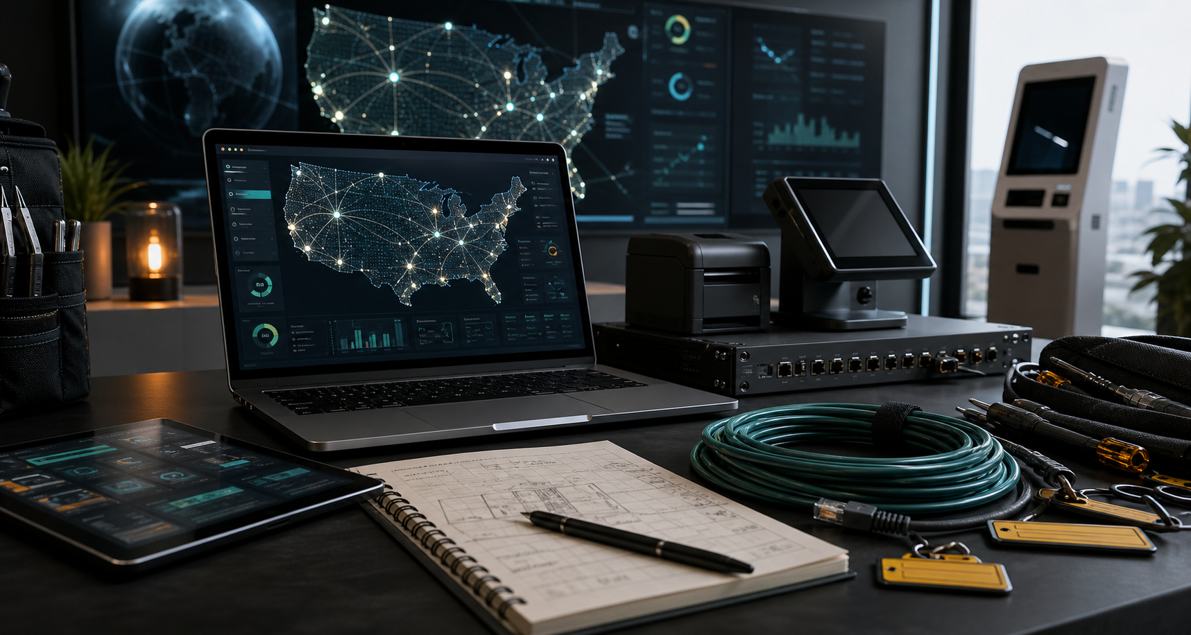 Deployment planning desk with technology equipment and network cable